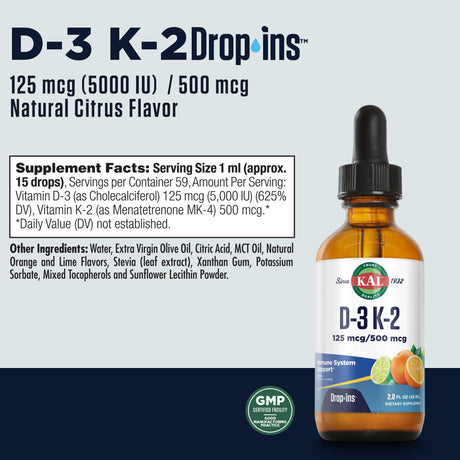 KAL D-3 K-2 Dropins 5000 IU (500 MCG) | Healthy Bones, Heart & Immune Support | Citrus Flavor | 59 Servings, 2 FL OZ