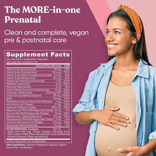 Glow Prenatal Vitamins for Women – 25-In-1 Vital Nutrients for Healthy Pregnancy and Fetal Development – Folic Acid & Vegan DHA for Baby'S Growth & a Comfortable Pregnancy – 60 Nourishing Capsules