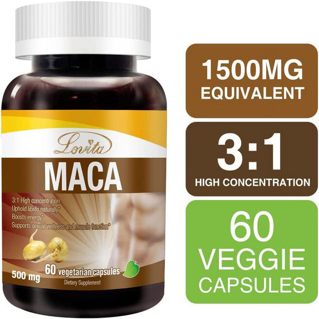 Lovita Maca Root Extract 1500Mg Equivalent, Energy, Performance & Mood Supplement for Men & Women, Supports Reproductive Health, 60 Vegetarian Capsules