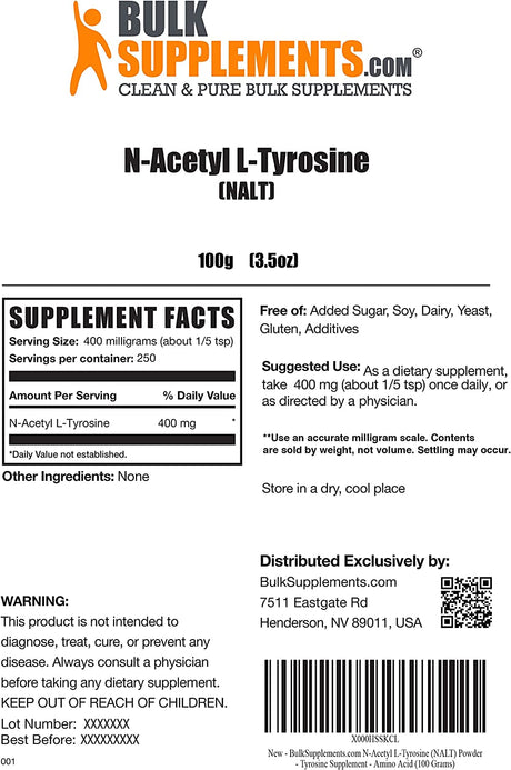 Bulksupplements Pure N-Acetyl L-Tyrosine (NALT) Powder (100 Grams)