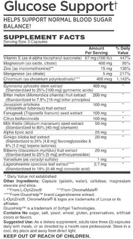 Nutrients by Nature Glucose Support Helps Support Normal, Blood Sugar Balance, Dietary Supplement, 60 Capsules