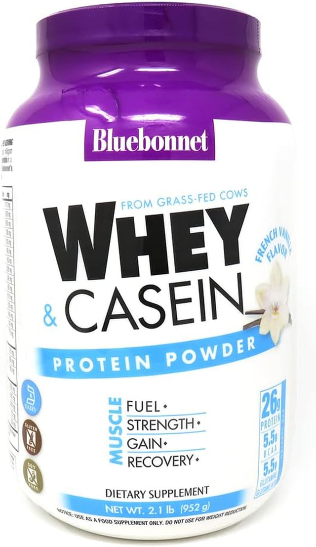 Bluebonnet Nutrition Whey & Casein Protein Powder, Whey from Grass Fed Cows, 26 Grams of Protein, No Sugar Added, Non GMO, Gluten Free, Soy Free, Kosher, 2.1 Lbs, 28 Serving, French Vanilla Flavor