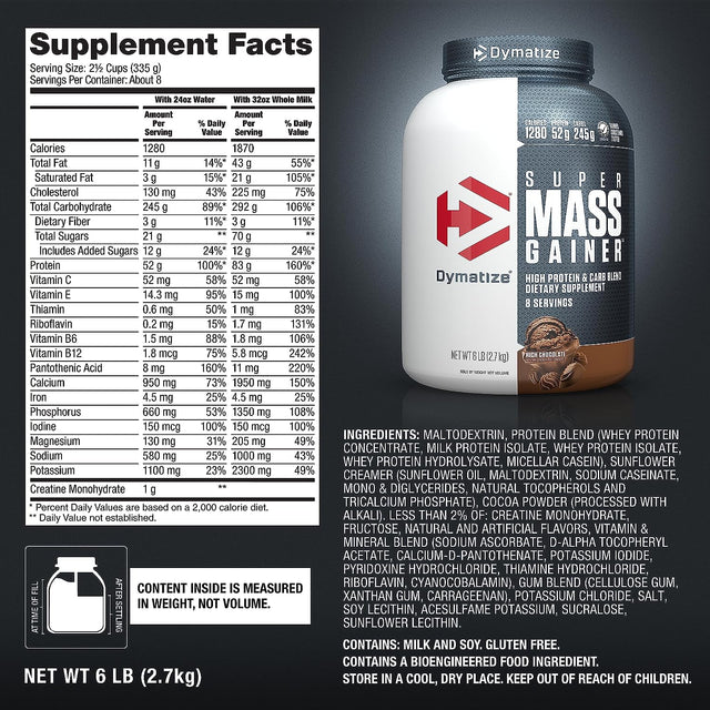 Dymatize Super Mass Gainer Protein Powder, 1280 Calories & 52G Protein, 10.7G Bcaas, Mixes Easily, Tastes Delicious, Rich Chocolate, 6 Lbs