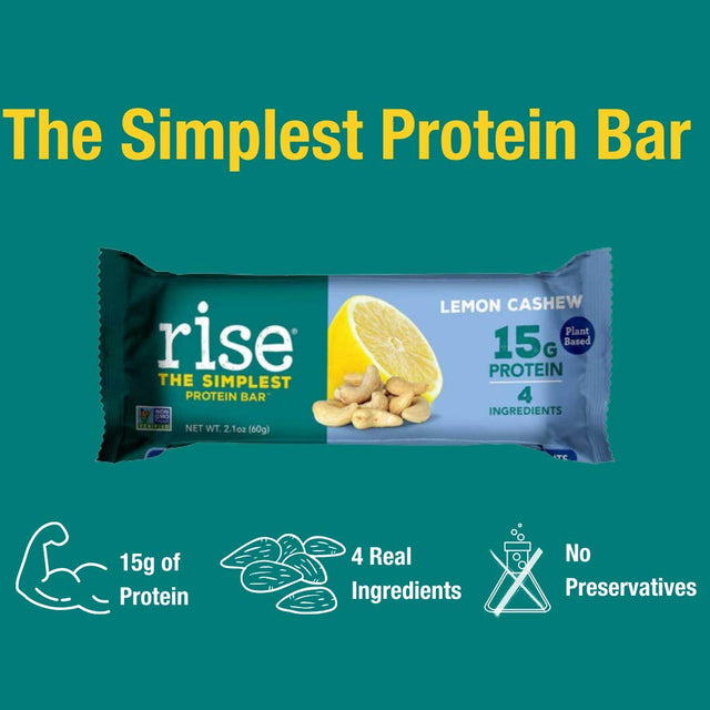 Rise Pea Protein Bar - Vegan Lemon Cashew, Soy Free, Paleo Breakfast & Snack Bar, 15G Protein, 4 Natural Whole Food Ingredients, Simplest Non-Gmo, Vegan, Gluten Free, Plant Based Protein, 12 Pack