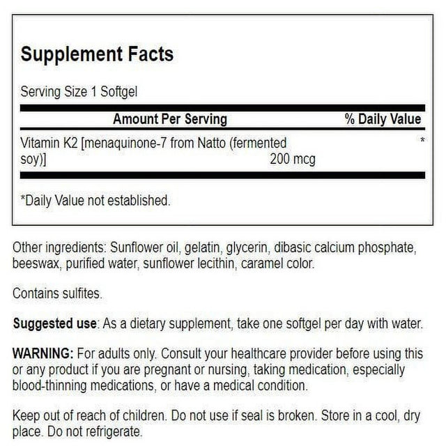 Swanson Maximum Strength Vitamin K2 (Menaquinone-7) - Vitamin Supplement Supporting Cardiovascular and Bone Health - Made from Japanese Natto to Help Regulate Calcium - (30 Softgels, 200Mcg Each)