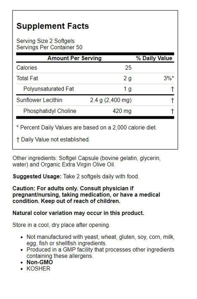 NOW Supplements, Sunflower Lecithin 1200 Mg with Phosphatidyl Choline, 100 Softgels