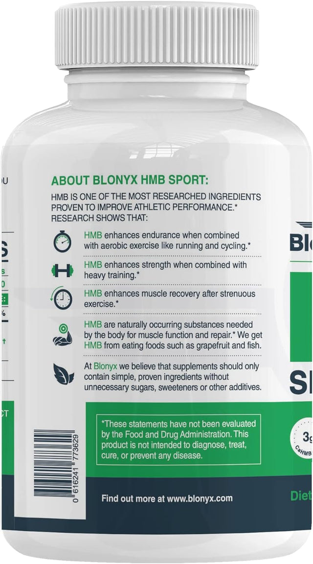 Blonyx HMB Sport Capsules - 3G Daily High Purity HMB, Enhances Performance & Recovery, Reduces Muscle Soreness, 30-Day Supply