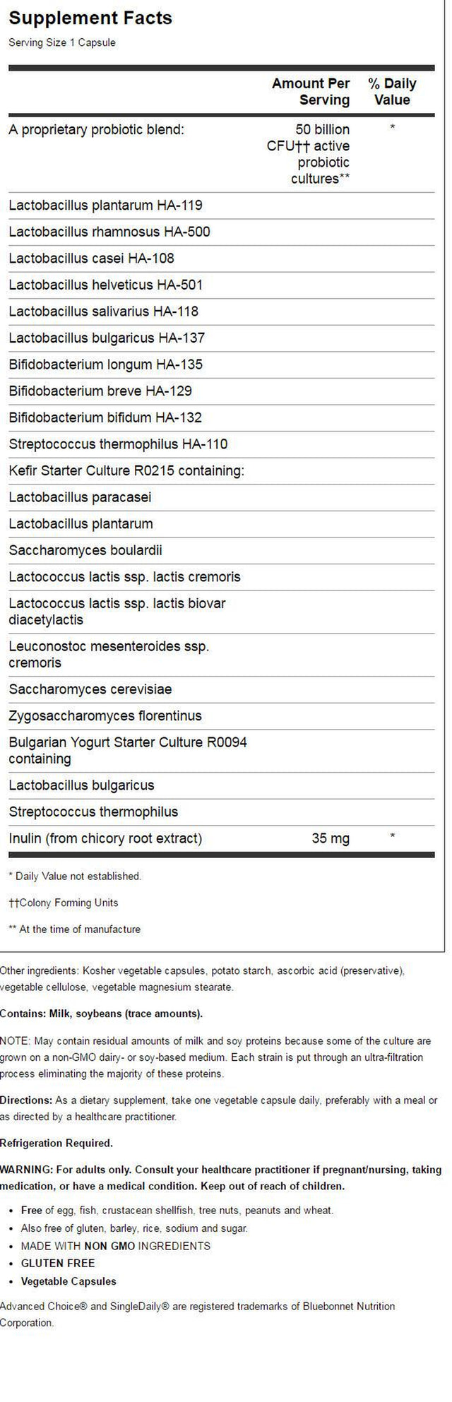 Bluebonnet Nutrition - Advanced Choice Singledaily Probiotic 50 Billion CFU - 30 Capsules