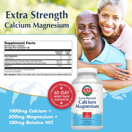 KAL Extra Strength Calcium Magnesium | 1000Mg/500Mg | Healthy Bones, Teeth, Nerve & Muscle Support | Rapid Disintegration | Vegetarian | 250 Tablets