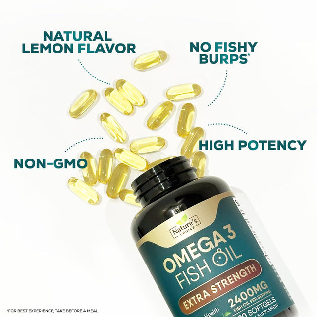 Triple Strength Omega 3 Fish Oil 2400 Mg Softgels, Nature'S Fish Oil Supplements, Brain & Heart Health Support - EPA & DHA, 1200 MG Fish Oil in Each Softgel, Omega-3 Supplement - 60 Fish Oil Softgels