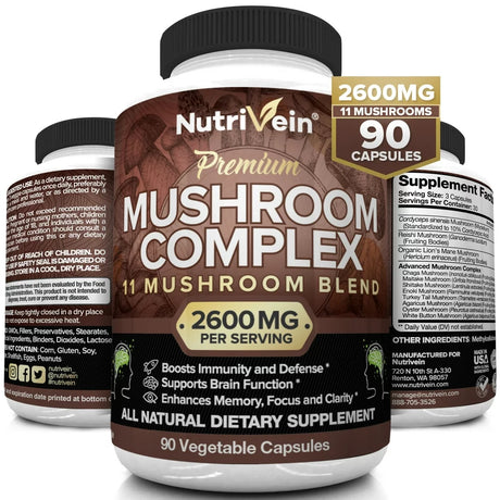 Nutrivein Mushroom Complex Supplement 2600Mg - 90 Capsules - 11 Organic Mushrooms