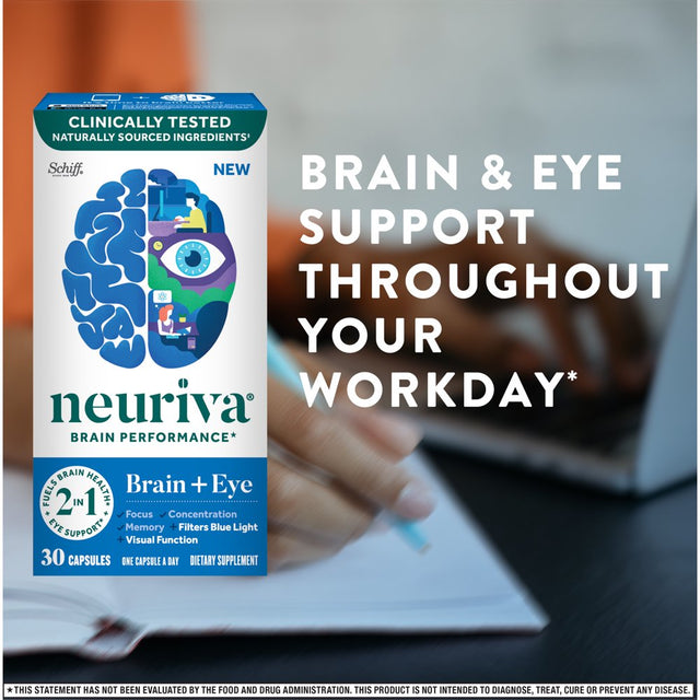 Neuriva Brain + Eye Support Capsules (30 Count), with Vitamins a C E, Zinc, Zeaxanthin, Antioxidants, Filters Blue Light, Decaffeinated, Vegetarian, Gluten & GMO Free