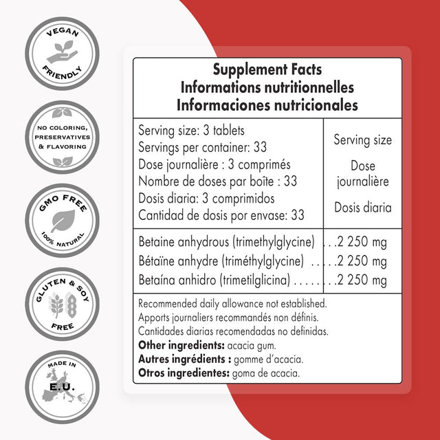 Supersmart - TMG Supplement 2250 Mg per Day (Trimethylglycine) - Betaine Anhydrous - Liver Support - Cardiovascular Health | Non-Gmo & Gluten Free - 100 Tablets