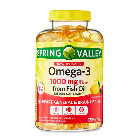 Spring Valley Proactive Support Omega-3 from Fish Oil Heart General & Brain Health Dietary Supplement Softgels, 1000 Mg, 120 Count