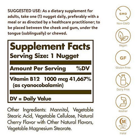 Solgar Vitamin B12 1000 Mcg, 250 Nuggets - Supports Production of Energy, Red Blood Cells - Healthy Nervous System - Promotes Cardiovascular Health - Vitamin B - Non-Gmo, Gluten Free - 250 Servings