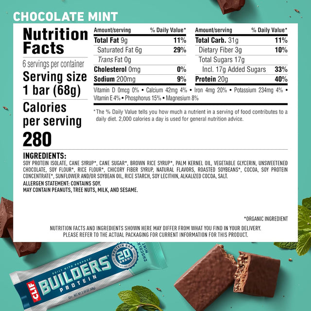 CLIF Builders - Chocolate Mint Flavor - Protein Bars - Gluten-Free - Non-Gmo - Low Glycemic - 20G Protein - 2.4 Oz. (6 Pack)