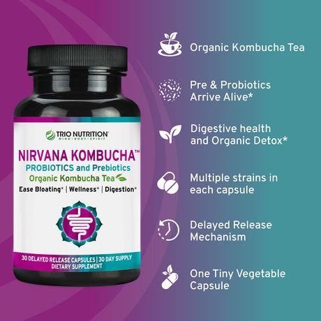 Trio Nutrition Nirvana Kombucha | Probiotic, Prebiotic & Organic Kombucha Tea | Billions of Multi-Strain Probiotics | Eases Bloating, Digestive & Immune Support for Men & Women | Supports PH Balance*