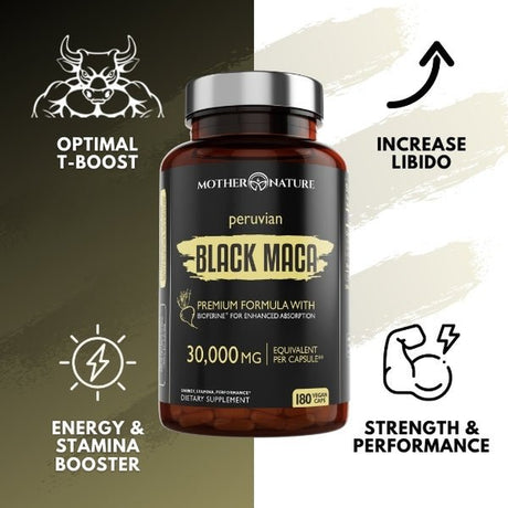 ORGANIC Black Maca Root Extract Highest Potency 40:1, 30,000Mg, 6 Month Supply, Boost Stamina, Performance, Energy, Muscle Gain & Workout, Peruvian Maca Pills W/Bioperine, Non-Gmo (180 Capsules)