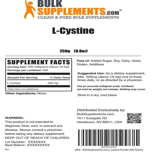 Bulksupplements.Com L-Cystine Powder, Amino Acid Supplement for Lungs Support and Hair Support, Cystine Supplement (250 Grams - 8.8 Oz - 500 Servings)