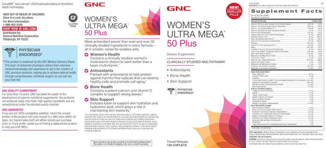 GNC Women'S Ultra Mega 50 plus Multivitamin for Women, 120 Count, Vitamin,