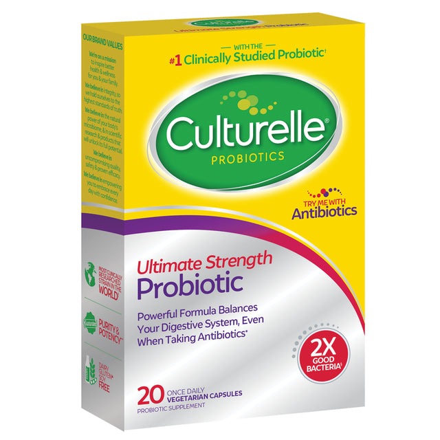 Culturelle Ultimate Strength Daily Probiotic for Men and Women, Most Clinically Studied Probiotic Strain, 20 Billion Cfus, Supports Occasional Diarrhea, Gas & Bloating, Non-Gmo, 30 Count