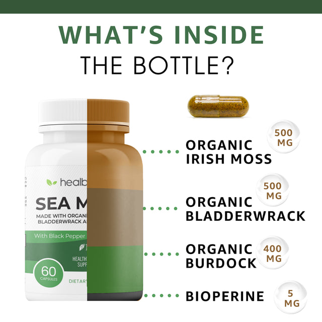 Healblend Organic Irish Moss, Bladderwrack, Burdock, & Bioperine - 1405Mg with Black Pepper - Natural Wellness and Detox Support Supplement - 60 Capsules 2-Pack