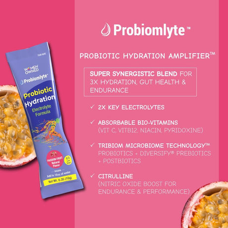 Probiomlyte Probiotic Hydration Amplifier. Electrolytes + Key Vitamins + Probiotics + Prebiotics + Postbiotics + Citrulline |Better Endurance, Performance, Energy, Gut Health| Passion Fruit |10 Sticks