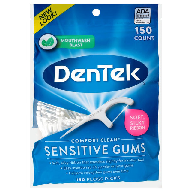 Dentek Comfort Clean Sensitive Gums Floss Picks, Soft & Silky Ribbon, 150 Count