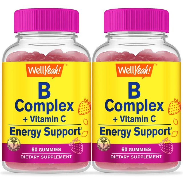 Wellyeah Vitamin B Complex Gummies (2 Pack) - with Vitamin C, Niacin, Vitamin B6, Folic Acid, Vitamin B12, Biotin & Pantothenic Acid - 2 Month Supply - Strawberry Flavor, Gluten Free - 60 Gummies