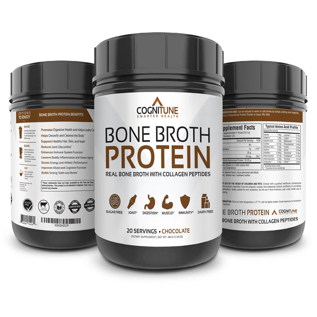 Bone Broth Protein Powder Chocolate - Grass Fed Collagen Peptides - No Sugar, Paleo & Keto Friendly -Dairy Free, Gluten Free - 20G Protein, 20 Servings