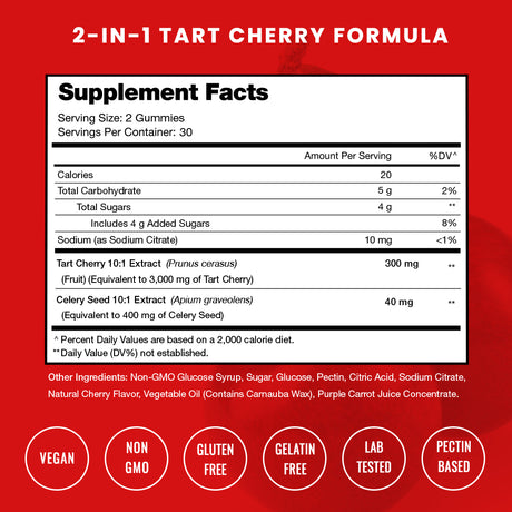 Nutrachamps Tart Cherry Gummies - 3000Mg Supplement with Celery Seed Extract - Vegan Tart Cherry Concentrate Gummy Vitamin - 60 Count