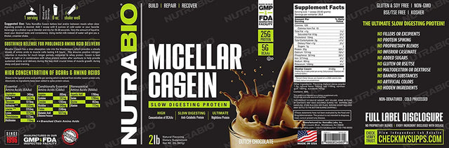 Nutrabio Micellar Casein Protein Powder, 2 Lbs, Dutch Chocolate