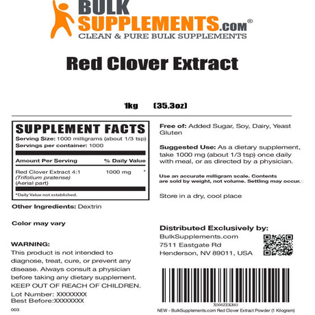 Bulksupplements.Com Red Clover Extract Powder, 1000Mg - Herbal Extract - Promotes Hair Health - Bone Support (1Kg - 1000 Servings)