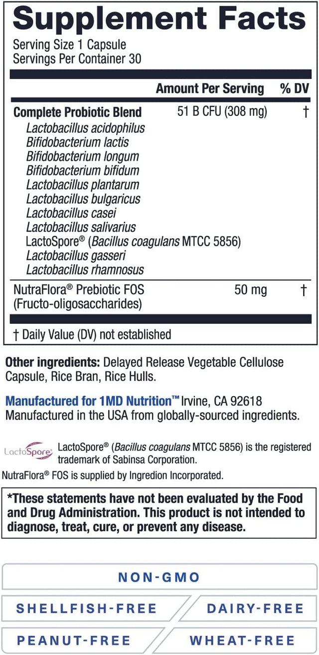 1MD Nutrition Complete Probiotics Platinum | Supports Digestive Health | with Nourishing Prebiotics, 51 Billion Live CFU, 11 Strains, Dairy-Free | 30 Vegetable Capsules