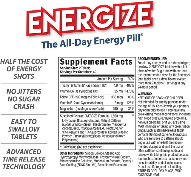 Energize Caffeine Pills, Fast Acting All Day Energy Pills & Natural Nootropics Support Supplement with Time Release Caffeine, Energy Support for Men and Women, No Jitters, No Crash (84 Tablets)