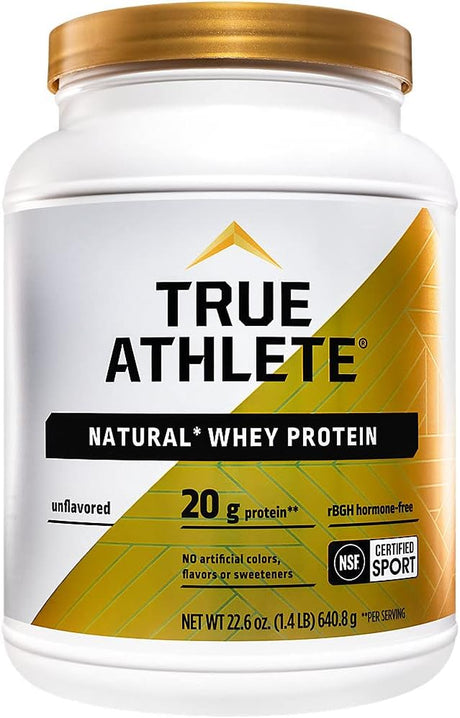 True Athlete Natural Whey Protein - Unflavored, 20G of Protein per Serving - Probiotics for Digestive Health, Enzymes for Protein Digestion - NSF Certified for Sport (1.4 Pound Powder)