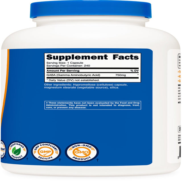 Nutricost GABA (Gamma Aminobutyric Acid) 750Mg, 240 Capsules - Non-Gmo, Gluten Free Supplement