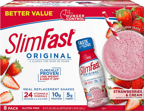 Slimfast Meal Replacement Shake, Original Strawberries & Cream, 10G of Ready to Drink Protein for Weight Loss, 11 Fl. Oz Bottle, 8 Count