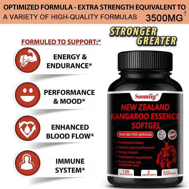 Soomiig New Zealand Kangaroo Essence Softgels 3500 Mg per Serving - Supports Energy and Endurance, Increases Blood Flow Male Enhancement