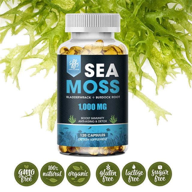 Imatchme 100% Natural Sea Moss Capsules 1000Mg Supplement - Immune System, Gut, Skin & Thyroid Support - 120 Capsules