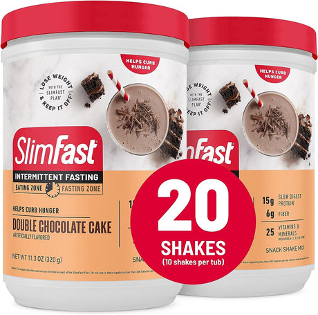 Intermittent Fasting, Casein Protein Powder, Biotin with Vitamin & Mineral Bend, with Fiber, No Added Sugar, Snack Shake Mix- Double Chocolate Cake, 10 Servings (Pack of 2)