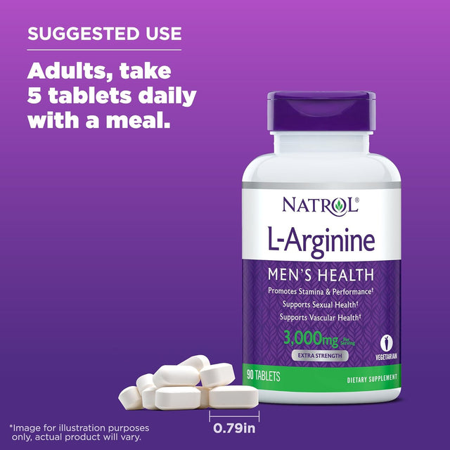 Natrol L-Arginine Tablets, Promotes Stamina and Performance, Supports Sexual and Vascular Health, Contains Nitric Oxide with B Vitamin Complex, Amino Acid, Extra Strength, 3,000Mg, 90 Count