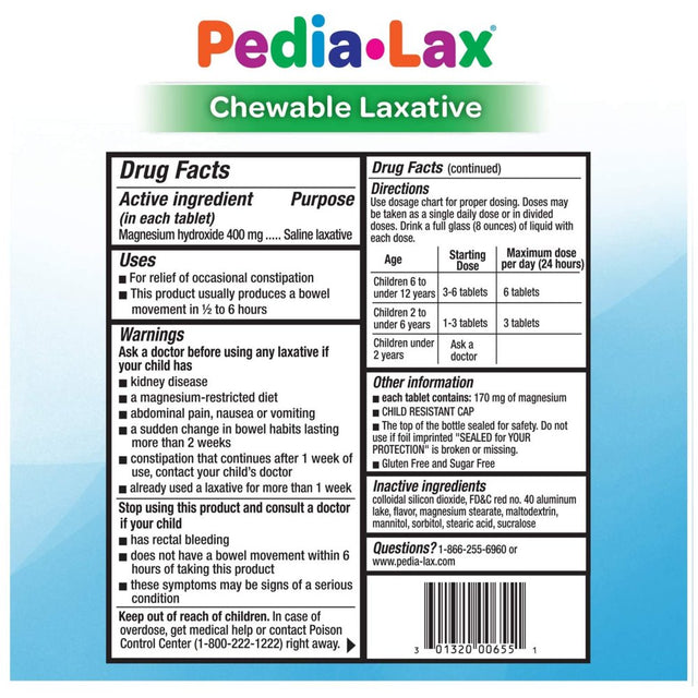 Pedia-Lax Laxative Chewable Tablets for Kids, Ages 2-11, Watermelon Flavor, 30 CT