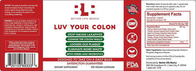 Better Life Basics Luv Your Colon® - All Natural Daily Colon Cleanser and Probiotic for Digestive Health and Weight Management, 100 Capsules