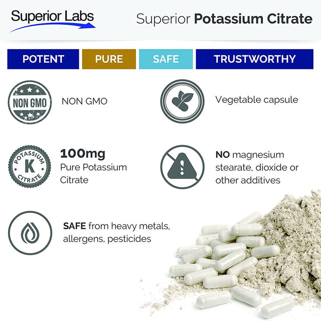 #1 Quality Potassium Citrate by Superior Labs - 100Mg, 120 Vegetable Caps - Made in USA, 100% Money Back Guarantee