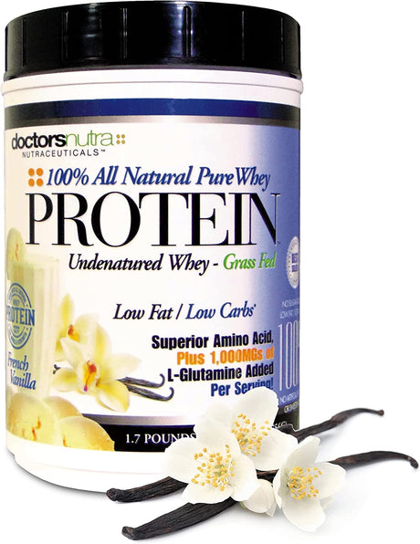 Pure 100 Percent - Undenatured Grass Fed Whey Protein by Doctors Nutra, Low Carb Low Fat, Rich Vanilla Flavor, Nothing Artificial - Ultrafiltered plus 1000 Milligrams L-Glutamine