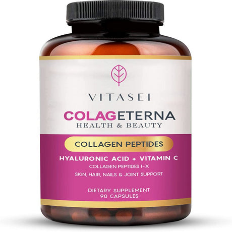 VITASEI Colageterna Collagen Peptides Capsules, Keto Pills Brain Booster Supplement W/Hyaluronic Acid, Vitamin C, Hydrolyzed Collagen Proteins for Healthy Skin, Gut Health & Joints, 90 Capsule