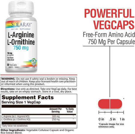 Solaray Free Form L-Arginine and Ornithine Capsules, 50 Count