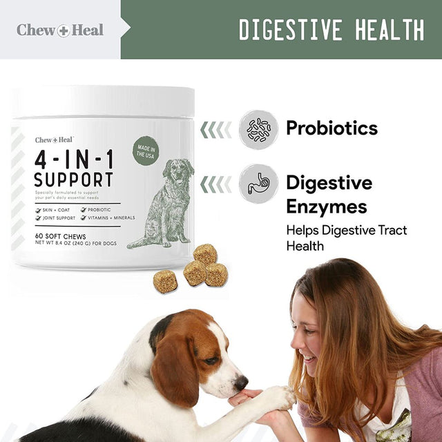 Chew + Heal All in 1 Dog Vitamin - 60 Soft Chew Treats for Dogs - Chewable Multivitamin with Probiotics, Digestive Enzymes, for Skin, Hip and Joint Support - with Omega, Calcium - Made in the USA