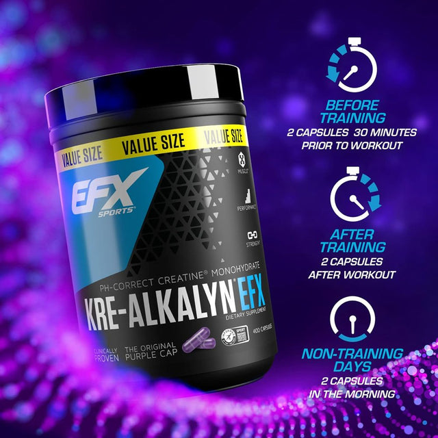 EFX Kre-Alkalyn , PH Correct Creatine Monohydrate , Patented Formula, Gain Strength, Build Muscle & Enhance Performance - 400 Capsules / 200 Servings